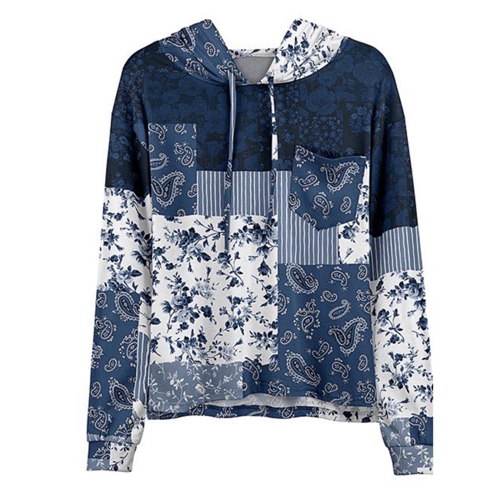 Blue & White Floral Patchwork Hoodie